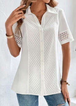 White Lace Button Up Shirt Collar Blouse -UrbanLayer Store 323801 P 16780881971954