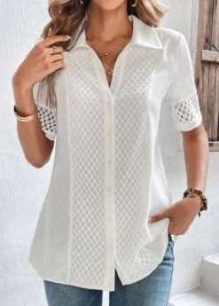 White Lace Button Up Shirt Collar Blouse -UrbanLayer Store 323801 P 16780881977043