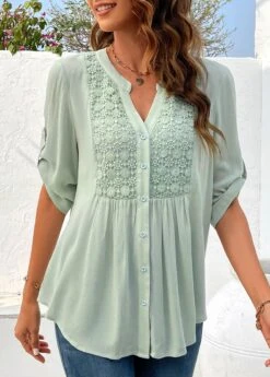 Light Green Button Short Sleeve Split Neck Blouse 12 Light Green Button Short Sleeve Split Neck Blouse -UrbanLayer Store 323803 P 16784132381674
