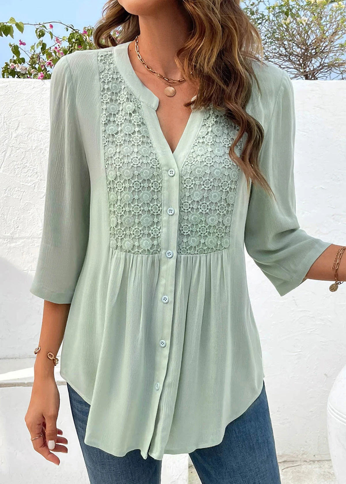 Light Green Button Short Sleeve Split Neck Blouse 5 Light Green Button Short Sleeve Split Neck Blouse - Image 3