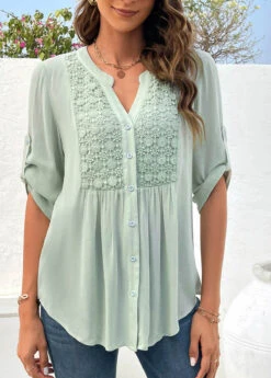 Light Green Button Short Sleeve Split Neck Blouse 11 Light Green Button Short Sleeve Split Neck Blouse -UrbanLayer Store 323803 P 16784132388243