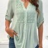 Light Green Button Short Sleeve Split Neck Blouse 2 Light Green Button Short Sleeve Split Neck Blouse -UrbanLayer Store 323803 P 16784132389100
