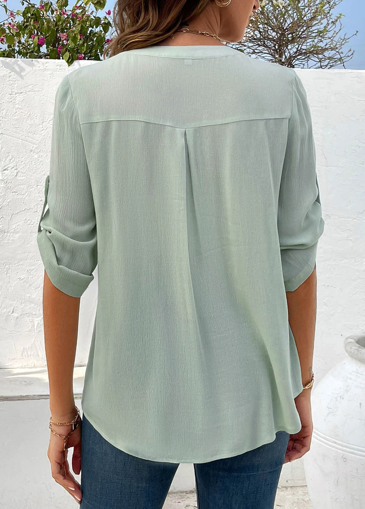 Light Green Button Short Sleeve Split Neck Blouse 4 Light Green Button Short Sleeve Split Neck Blouse - Image 2
