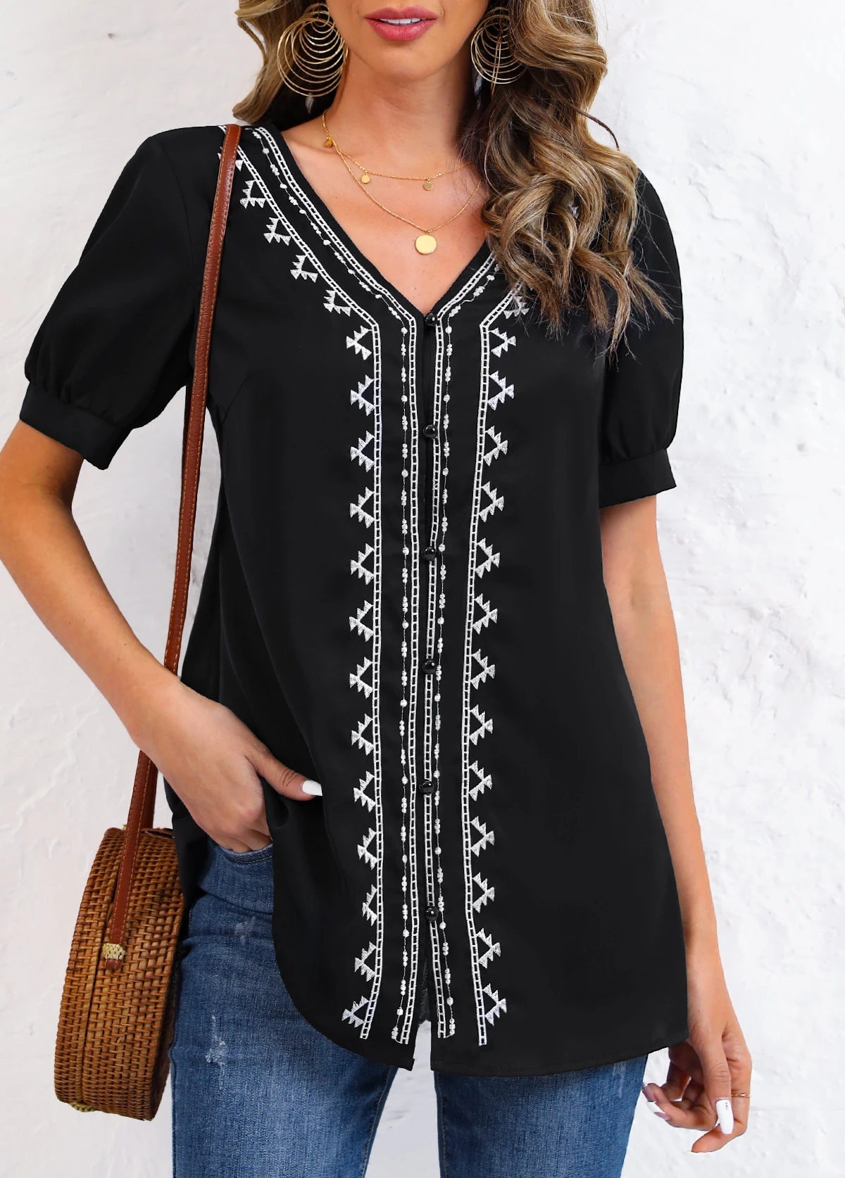 Black Embroidery Tribal Print Long Sleeve Blouse 3 Black Embroidery Tribal Print Long Sleeve Blouse