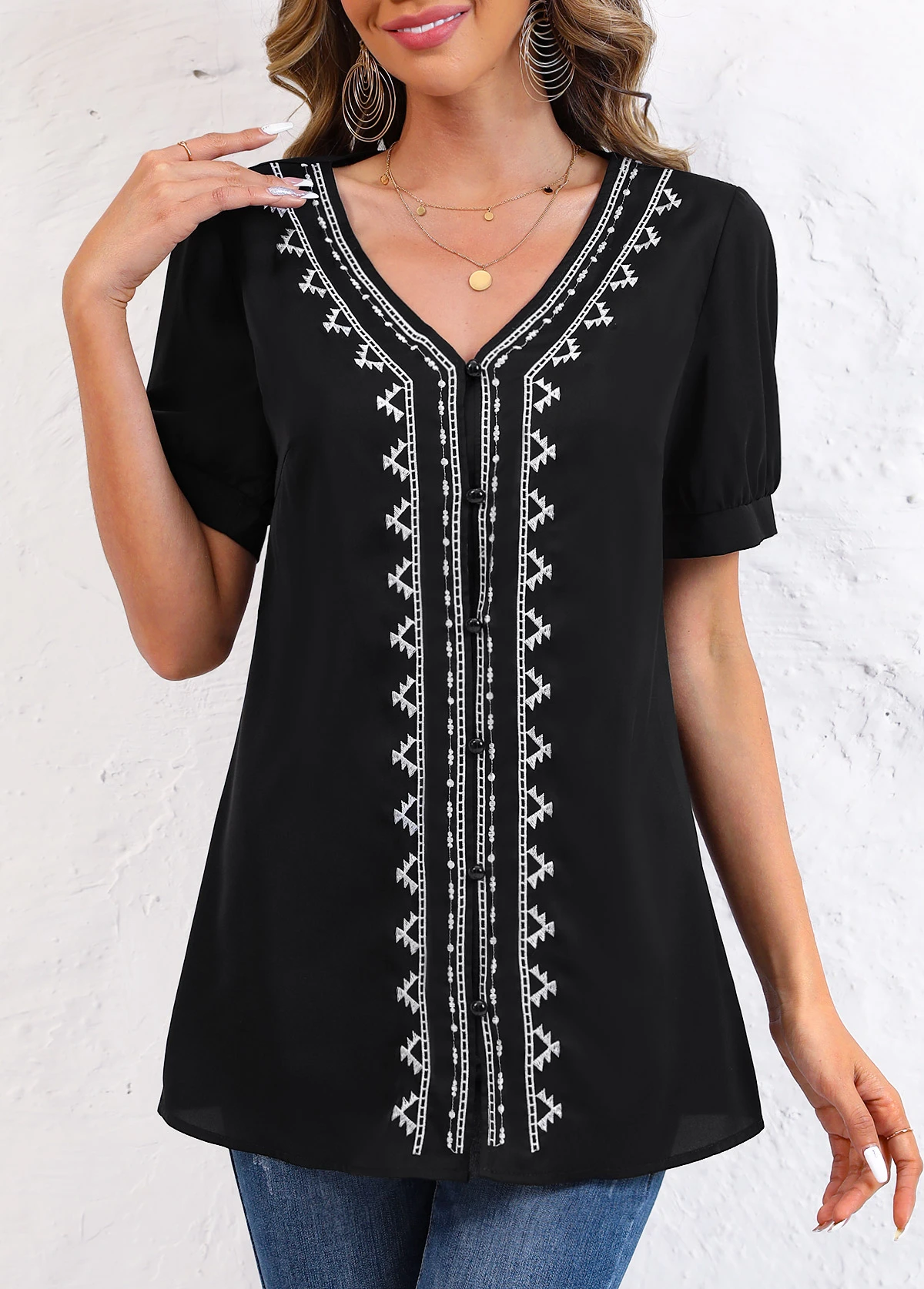 Black Embroidery Tribal Print Long Sleeve Blouse 5 Black Embroidery Tribal Print Long Sleeve Blouse - Image 3