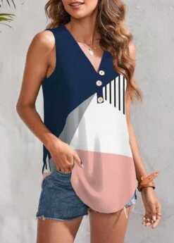 Multi Color Button V Neck Tank Top -UrbanLayer Store 326222 P 1675934386272