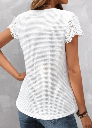 White Lace Short Sleeve V Neck T Shirt 4 White Lace Short Sleeve V Neck T Shirt - Image 2