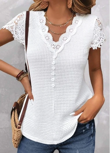 White Lace Short Sleeve V Neck T Shirt 3 White Lace Short Sleeve V Neck T Shirt