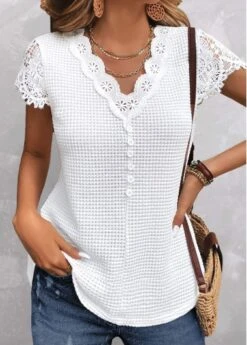 White Lace Short Sleeve V Neck T Shirt 12 White Lace Short Sleeve V Neck T Shirt -UrbanLayer Store 326511 P 16801515707422