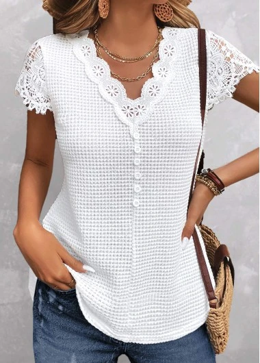 White Lace Short Sleeve V Neck T Shirt 5 White Lace Short Sleeve V Neck T Shirt - Image 3