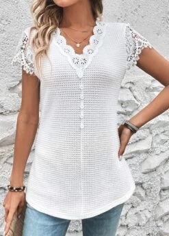 White Lace Short Sleeve V Neck T Shirt 16 White Lace Short Sleeve V Neck T Shirt -UrbanLayer Store 326511 P 16801515711546