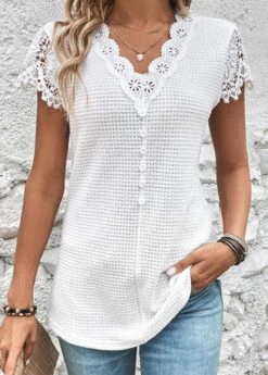 White Lace Short Sleeve V Neck T Shirt 17 White Lace Short Sleeve V Neck T Shirt -UrbanLayer Store 326511 P 16801515717747