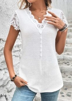 White Lace Short Sleeve V Neck T Shirt 13 White Lace Short Sleeve V Neck T Shirt -UrbanLayer Store 326511 P 16801515719303