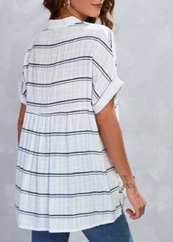 White Split Striped Short Sleeve Blouse 9 White Split Striped Short Sleeve Blouse -UrbanLayer Store 326698 P 16784265381001