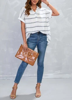 White Split Striped Short Sleeve Blouse 13 White Split Striped Short Sleeve Blouse -UrbanLayer Store 326698 P 16784265383245