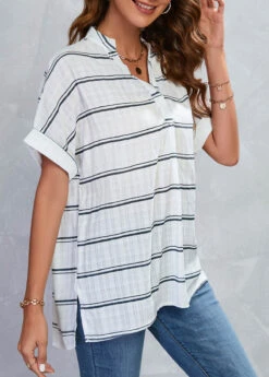 White Split Striped Short Sleeve Blouse 12 White Split Striped Short Sleeve Blouse -UrbanLayer Store 326698 P 16784265386734
