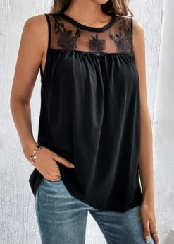 Black Patchwork Sleeveless Round Neck Tank Top