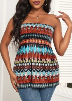 Multi Color Ruched Tribal Print Tank Top