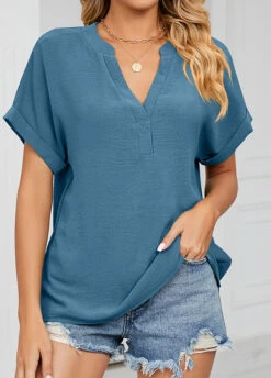 Peacock Blue Lightweigh Short Sleeve V Neck Blouse