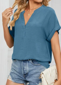 Peacock Blue Lightweigh Short Sleeve V Neck Blouse 9 Peacock Blue Lightweigh Short Sleeve V Neck Blouse -UrbanLayer Store 327062 P 1676859163328