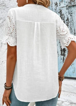 White Scalloped Hem Short Sleeve Split Neck Blouse -UrbanLayer Store 327465 P 16799726342741