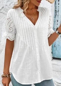 White Scalloped Hem Short Sleeve Split Neck Blouse -UrbanLayer Store 327465 P 16799726346422