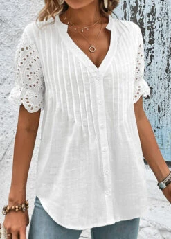 White Scalloped Hem Short Sleeve Split Neck Blouse -UrbanLayer Store 327465 P 16799726346493