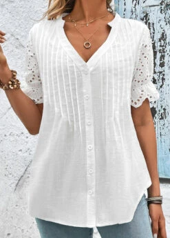 White Scalloped Hem Short Sleeve Split Neck Blouse -UrbanLayer Store 327465 P 16799726346844