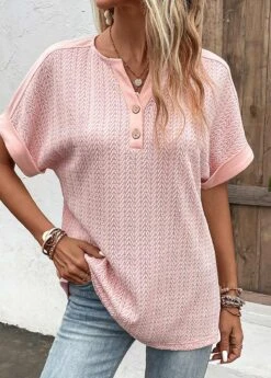 Dusty Pink Button Short Sleeve Split Neck Blouse