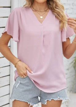 Pink Ruched Short Sleeve V Neck Blouse