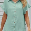 Mint Green Button Short Sleeve Shirt Collar Blouse -UrbanLayer Store 329117 P 1678681272363