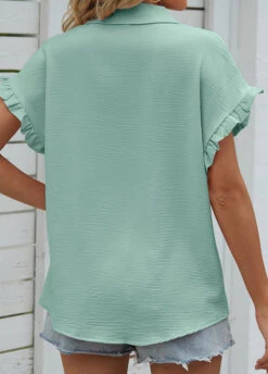 Mint Green Button Short Sleeve Shirt Collar Blouse -UrbanLayer Store 329117 P 1678681273612