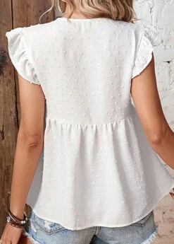 White Ruffle Short Sleeve Tie Collar Blouse -UrbanLayer Store 329148 P 1678689568658