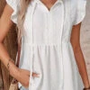 White Ruffle Short Sleeve Tie Collar Blouse -UrbanLayer Store 329148 P 1678689568665