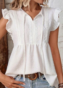 White Ruffle Short Sleeve Tie Collar Blouse -UrbanLayer Store 329148 P 1678689569561