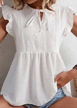 White Ruffle Short Sleeve Tie Collar Blouse -UrbanLayer Store 329148 P 1678689569983