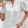 White Button Short Sleeve Split Neck Blouse -UrbanLayer Store 329153 P 1679388833192