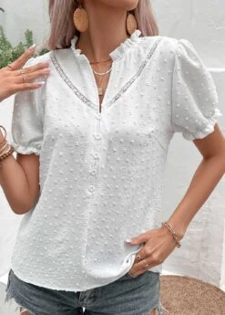 White Button Short Sleeve Split Neck Blouse