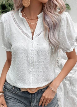 White Button Short Sleeve Split Neck Blouse -UrbanLayer Store 329153 P 1679388834318