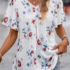 White Floral Print Short Sleeve V Neck Blouse