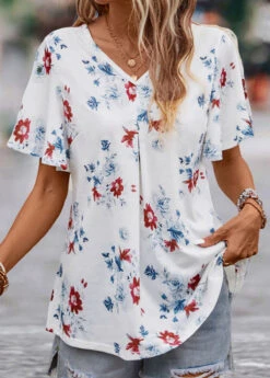 White Floral Print Short Sleeve V Neck Blouse