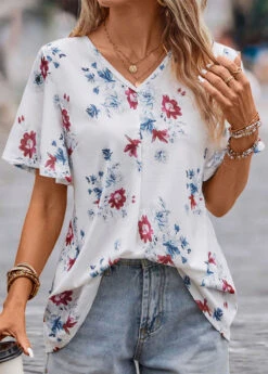 White Floral Print Short Sleeve V Neck Blouse -UrbanLayer Store 329743 P 16831787150124