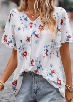 White Floral Print Short Sleeve V Neck Blouse -UrbanLayer Store 329743 P 16831787151302