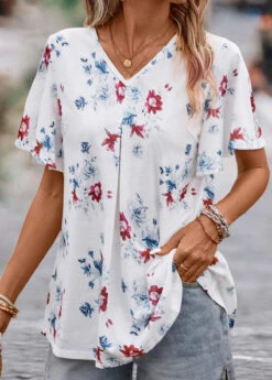 White Floral Print Short Sleeve V Neck Blouse -UrbanLayer Store 329743 P 16831787155235