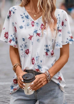 White Floral Print Short Sleeve V Neck Blouse -UrbanLayer Store 329743 P 16831787156723