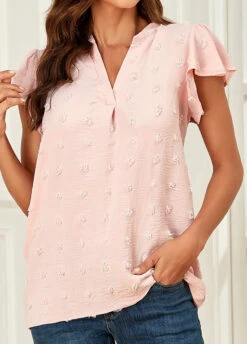 Pink Split Short Sleeve Ruched Blouse