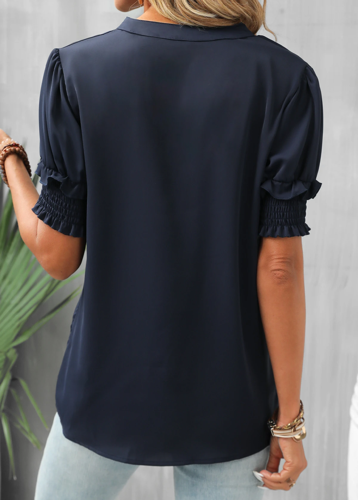 Navy Smocked Short Sleeve V Neck Blouse 4 Navy Smocked Short Sleeve V Neck Blouse - Image 2