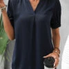 Navy Smocked Short Sleeve V Neck Blouse