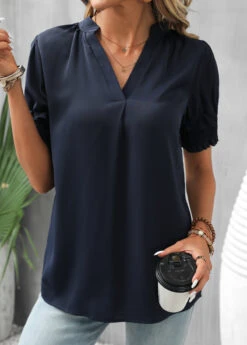Navy Smocked Short Sleeve V Neck Blouse