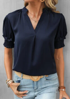 Navy Smocked Short Sleeve V Neck Blouse 11 Navy Smocked Short Sleeve V Neck Blouse -UrbanLayer Store 329939 P 16842028217804